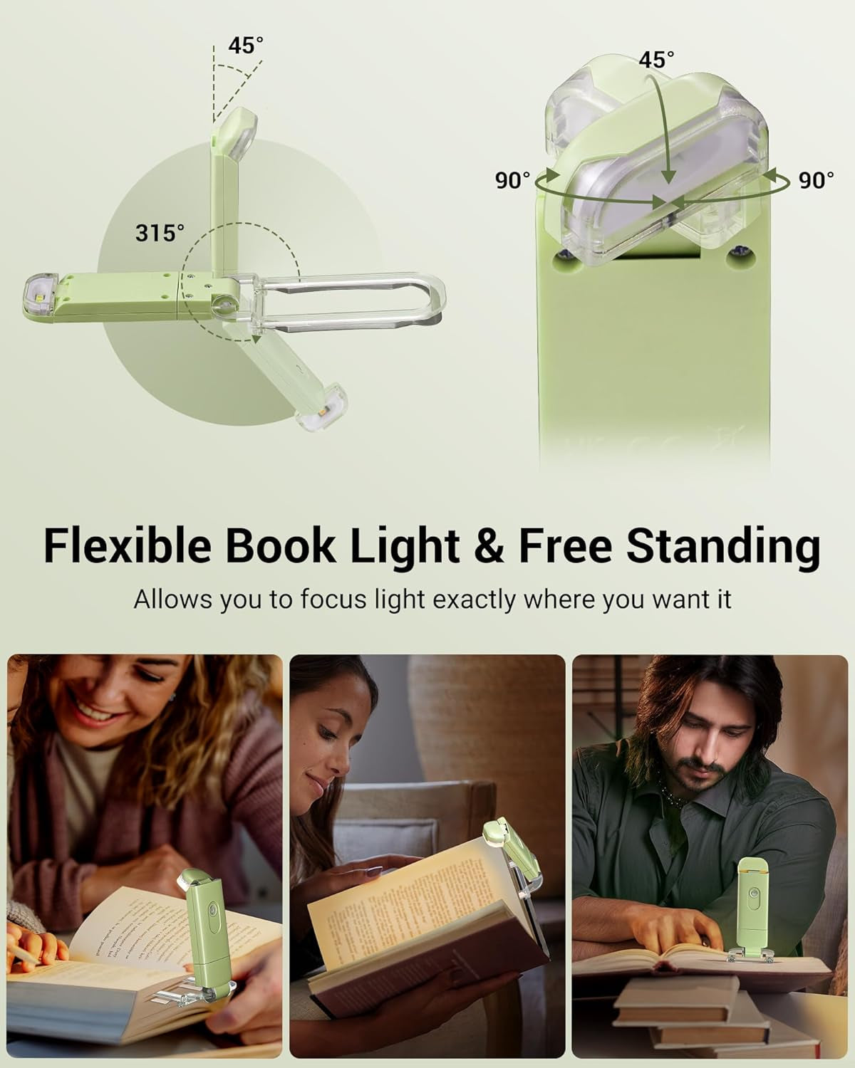 USB Rechargeable Book Reading Light, LED Clip on Booklight Flexible Reading Lights in Bed, Car at Night, 4 Brightness Adjustable, Perfect for Bookworms, Kids (Grass Green)